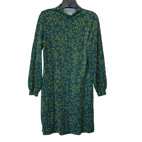 Gudrun‎ Sjoden Leaf Print Mock Neck Organic Cotton Dress Green Olive Small READ